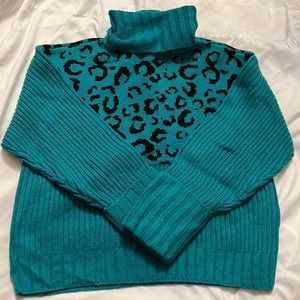 Nine West Blue Leopard Print Turtleneck Sweater